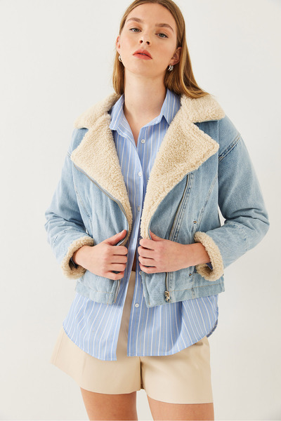 Bianco Lucci Kadın Peluş Detaylı Denim Mont 2260 60351037