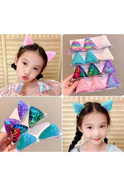 Mimis Store Cute Cat with Turquoise Sequins - Clip Hair Accessory for Girls
