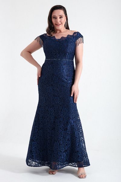 Lafaba Navy Blue Lace Beaded Sleeves Plus Size Evening Dress