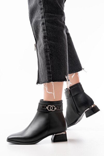 Aymood Rm-502 Black Heeled Zippered Daily Women's Boots with Buckle Accessories