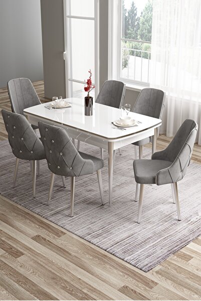 Canisa Tia Serisi 80x132 Açılabilir Mdf Yemek Odası Takımı Krom Detay Beyaz M...