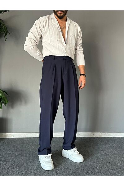 THEMANN Elastic Waist Pleated Navy Blue Baggy Fit Trousers