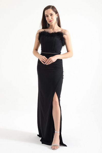 Lafaba Women's Black Openwork Underwire Corset Slit Long Evening Dress