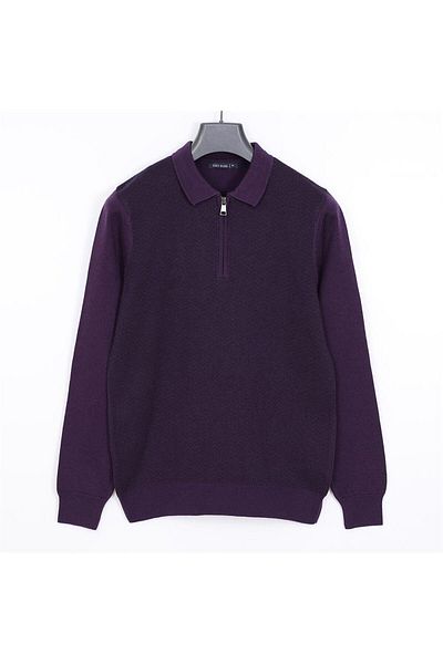 Dio Rise Men's Raffless Long Sleeve Slim Polo Neck Sweatshirt - 180813   - Plum