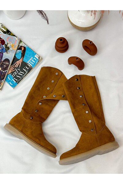 ERVANIN BUTİĞİ Taba Süet (Date) Düğme Detay Kadın Çizme