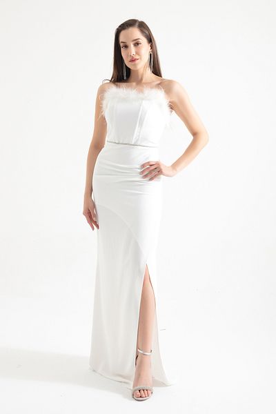 Lafaba Women's White Openwork Underwire Corset Slit Long Evening Dress
