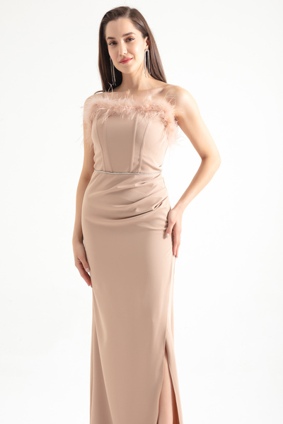 Lafaba Γυναικείο βραδινό φόρεμα με ανοιχτόχρωμο μπεζ ανοιχτό κορσέ με σκίσιμο