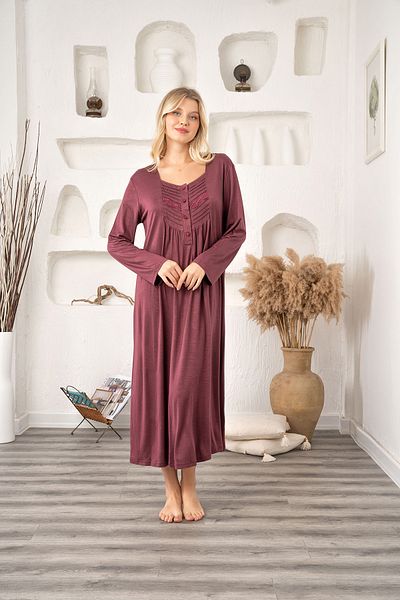 BEYVİP Cămașă de noapte de iarnă burgundy oversize (oversize) cu mânecă lungă