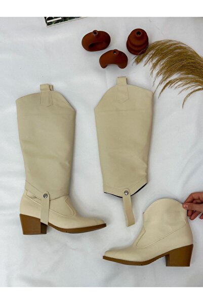 ERVANIN BUTİĞİ Bej Cilt (Ursula) İki Parçalı Tak Çıkar Kadın Çizme ve Boti