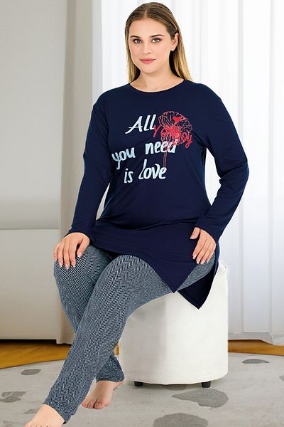 Jenny Daphne Navy Viscose Capri Pajamas Set - Long Sleeve, Plus Size, Striped Soft Bottom 11401