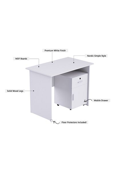 Mahmayi MP1 120x60 Writing Table with Mobile Drawer - Modern Office Desk for Home and Office (White)