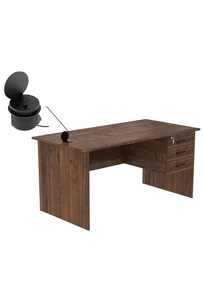 Mahmayi Modern Writing Study Table With Hanging Pedestal Attached And Round Desktop Power Module - Brown