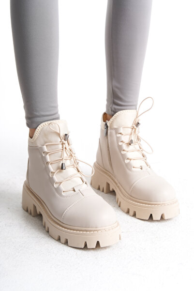 Limeo Γυναικεία δερμάτινα μποτάκια με χοντρή σόλα με φερμουάρ με κορδόνια με αντιολισθητική σόλα