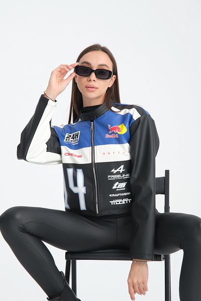Black Level Palton de piele oversize pentru femei - Jachetă Bomber Racer cu imprimeu, dungi, fermoar și garnitură
