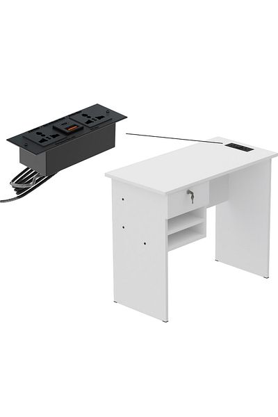 Mahmayi Solama MP1 9045 Office Desk with Paper Rack- White with Black BS01 Desktop Socket
