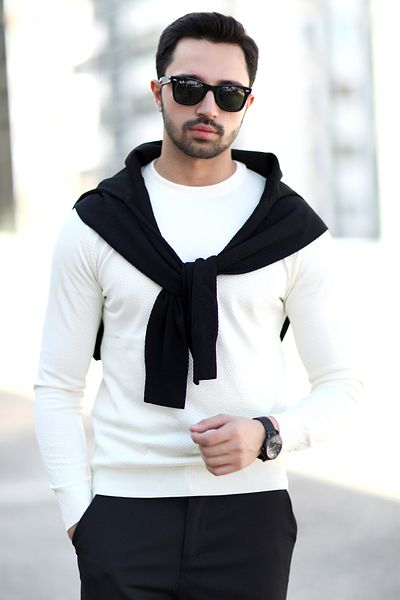 JB John Borners John Borners Men's Ecru O Neck Rice Knitted Knitwear - 1005