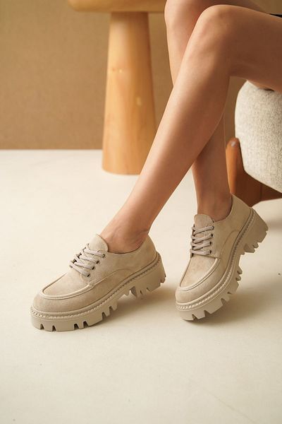 MODAADAM Mocasini pentru dama Nuno Nude Suede - Pantofi cu siret