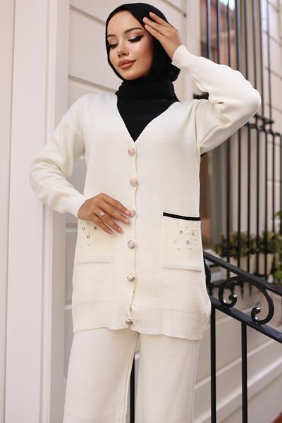 benguen Ecru Knitwear Set - 4066 Model, Stone Detailed Pocket