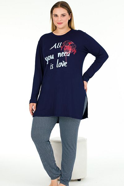 Jenny Daphne Navy Viscose Capri Pajamas Set - Long Sleeve, Plus Size, Striped Soft Bottom 11401