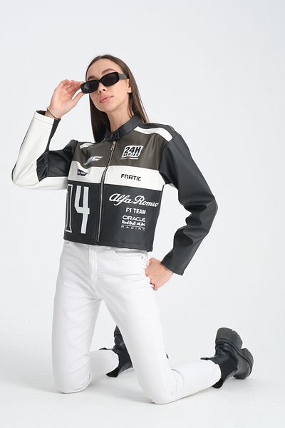 Black Level Women's Oversize Leather Coat - Printed, Stripe, Zip-Up, Garnished Bomber Racer Jacket
