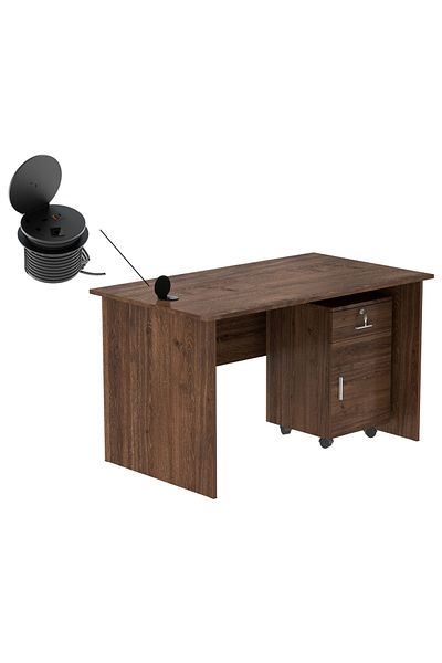 Mahmayi MP1 140x80 Writing Table with Drawers - Brown with 51-1H Round Desktop Power Module