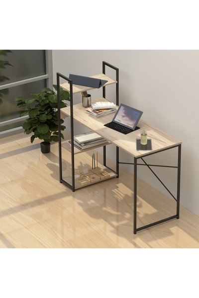 Mahmayi Stylish ZCD-27B Black and Griege Computer Workstation Table with 4 Tier Storage Shelves