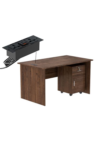 Mahmayi MP1 140x80 Brown Writing Table With Drawers and Black BS01 Desktop Socket USB AC Port