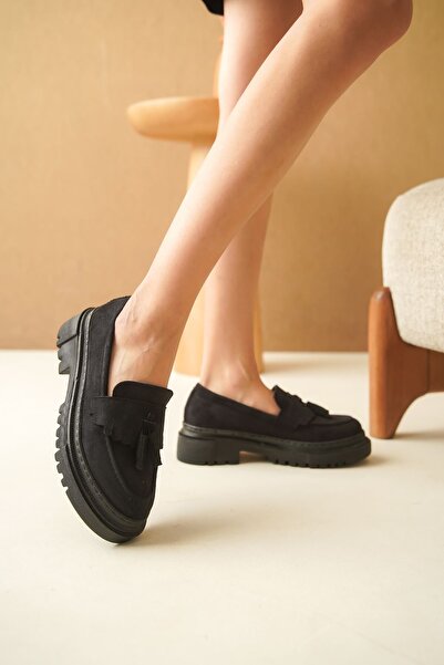 MODAADAM Loafer de damă din piele intoarsa neagra - pantofi cu ciucuri Stew