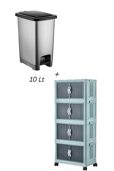 MCK Plus 4 Katlı Portatif Katlanabilir Dolap Depolama Dolabı Dolap 10 Litre Slim Pedallı Çöp Kovası Set