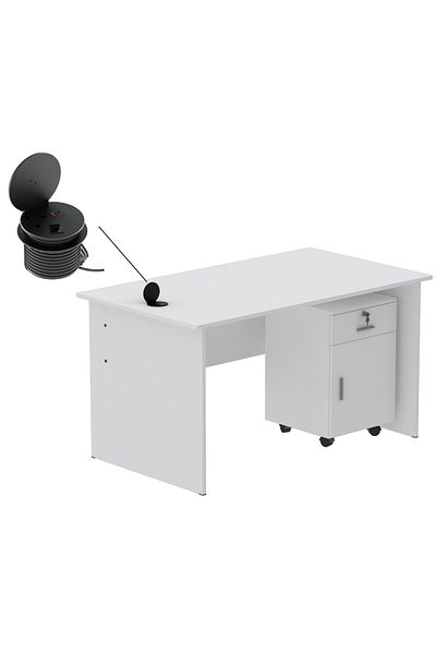 Mahmayi MP1 140x80 White Writing Table With Drawers and Black 51-1H Round Desktop Power Module