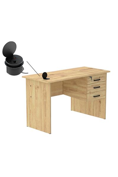 Mahmayi Solama Writing Table With Hanging Drawers And Round Desktop Power Module - Oak
