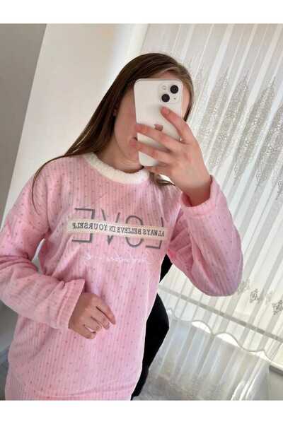 Lena Homewears Açık Pembe Benek Desenli Düz Polar Pijama Takımı