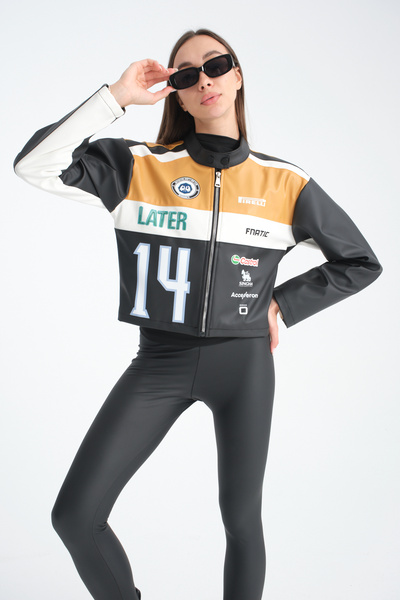 Black Level Kadın Oversize Baskılı Deri Şeritli Motorcu Montu Garnili Fermuar...