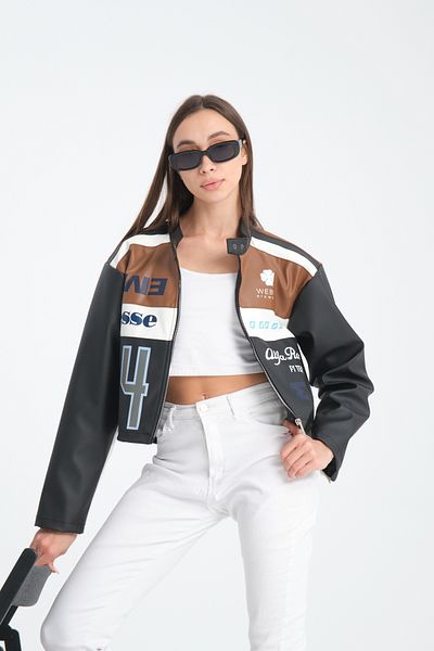 Black Level Дамско кожено яке Oversize - с щампа, райета, цип и гарнитура, тип бомбър състезател