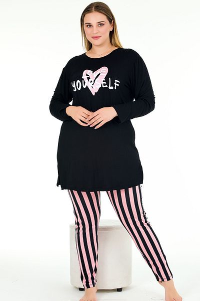Jenny Daphne Large Size Striped Capri Pajamas - Long Sleeve and Side Slit Viscose Set 11400