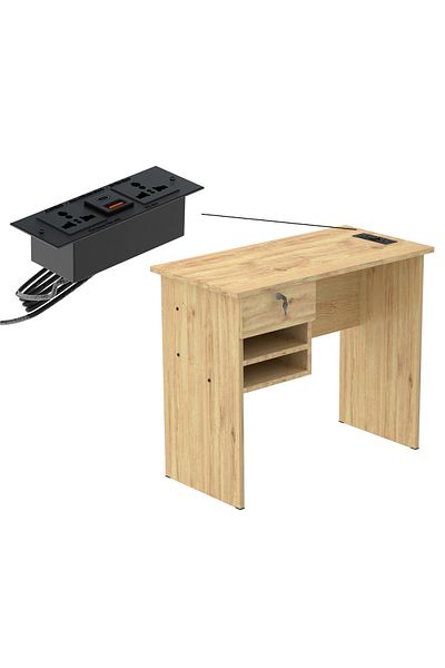 Mahmayi Solama MP1 9045 Office Desk with Paper Rack- Oak with Black BS01 Desktop Socket