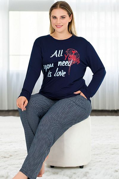 Jenny Daphne Navy Blue Large Size Striped Viscose Pajamas Set - Long Sleeve Top and Bottom Set 11396