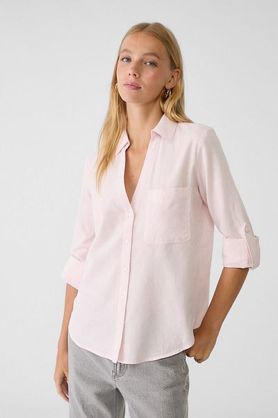 Stradivarius Loose linen-blend shirt with a pocket