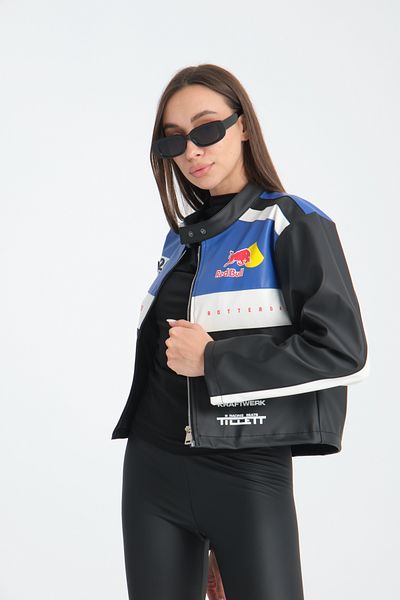 Black Level Palton de piele oversize pentru femei - Jachetă Bomber Racer cu imprimeu, dungi, fermoar și garnitură