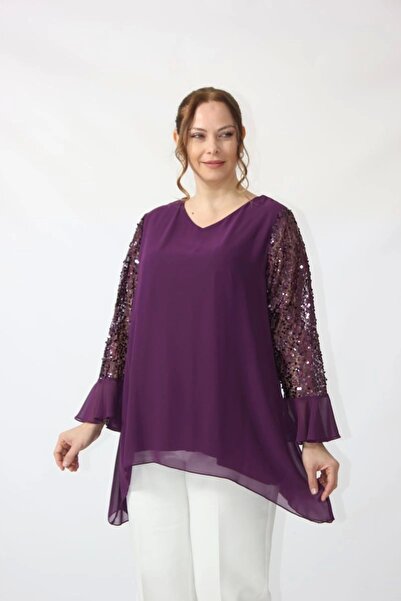 Moda Berray 1939 Mürdüm Kolu Pullu Şifon Büyük Beden Şık Bluz