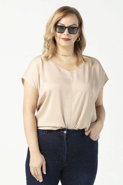 Moda Berray 3203 Satin V-neck Short Sleeve Plus Size Stylish Blouse Mink