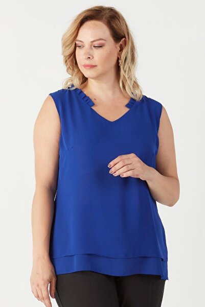 Moda Berray 3241 Yaka Fırfırlı Kolsuz Büyük Beden Şık Bluz Saks