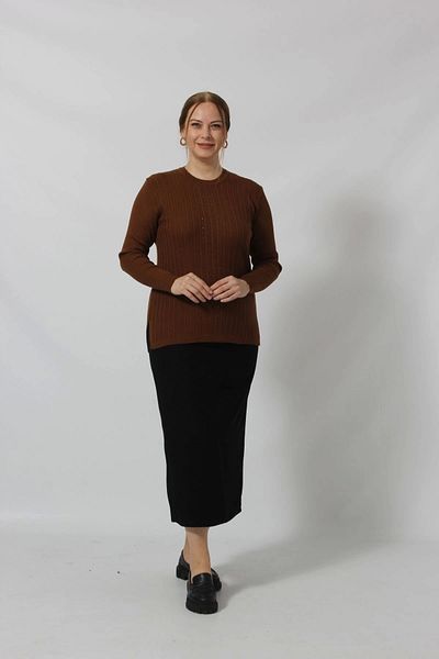 Moda Berray Stoned Embroidery Detailed Line Knit Patterned Sweater