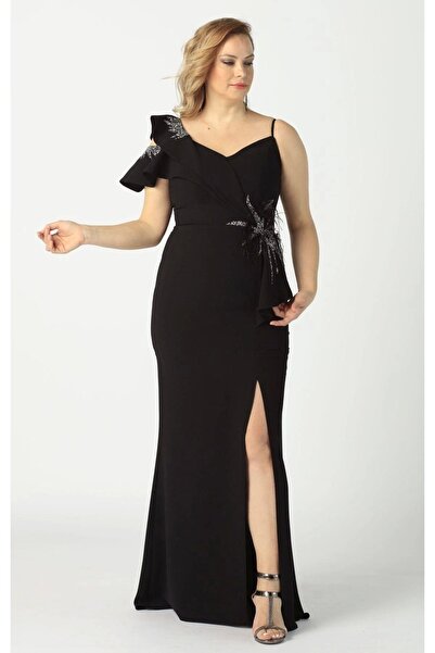 Moda Berray 21927 Siyah Omuzu Iki Katlı Beli Taş Işlemeli Kadın Büyük Beden A...