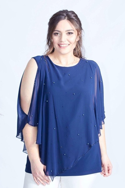 Moda Berray 4050 Lacivert Taşlı Pelerinli Şifon Büyük Beden Şık Bluz