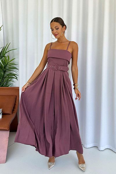 Mine Tan Butik Rochie midi roz pentru femei - cu bretele și curea