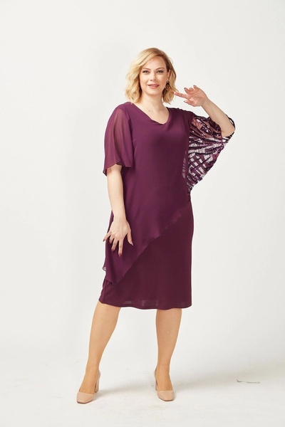 Moda Berray 4051 Mürdüm Pelerinli Payetli Esnek Kumaş Büyük Beden Elbise