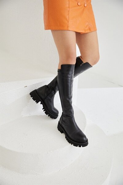 NILUFARR Molly Black Γνήσιο Δερμάτινο Stretch Μπότες με χοντρή σόλα