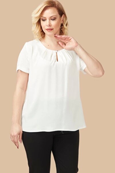Moda Berray 3202 Damla Yaka Saten Kısa Kollu Büyük Beden Şık Bluz Beyaz