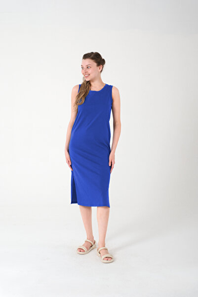Kyron Kék ujjatlan női midi ruha hasítékkal - 100% pamut